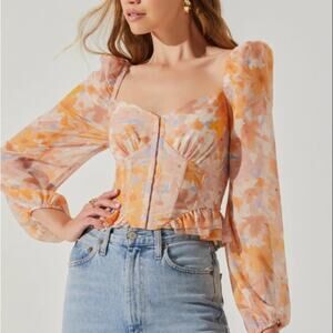 ASTR The Label Orange Blue Floral Pridget Corset Puff Sleeve Top NWT Small
